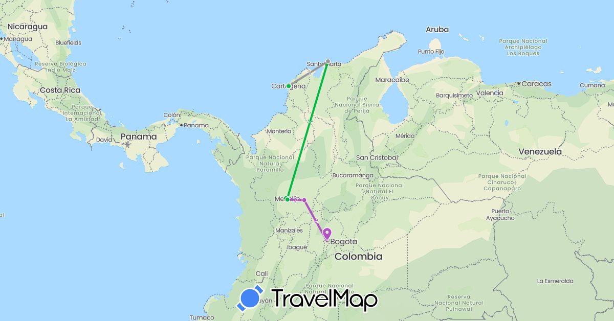 TravelMap itinerary: driving, bus, plane, train in Colombia (South America)